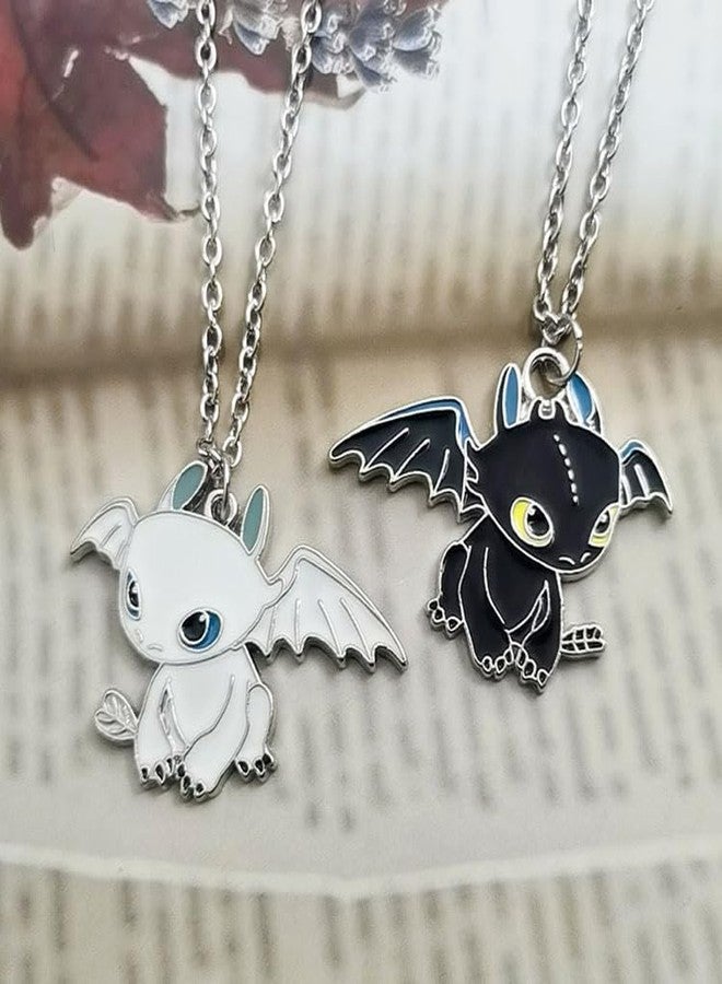 El Regalo 2Pcs Black White Little Flying Dragon Pendant Necklaces Set - How To Train Your Dragon Night Fury And Light Fury Metal Pendant Necklace Set For Unisex-Child - Image 5